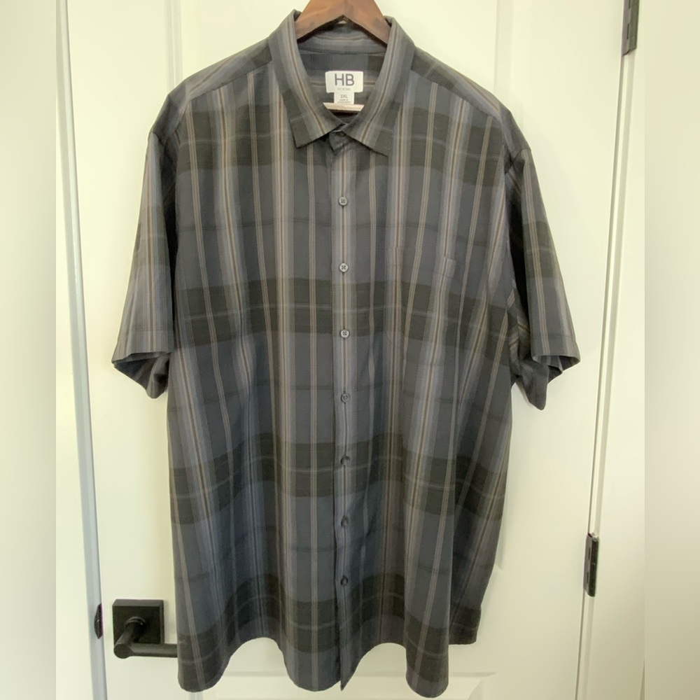 HB Fit Button Up Shirt Men’s 2XL – Gray Plaid Short Sleeve Casual